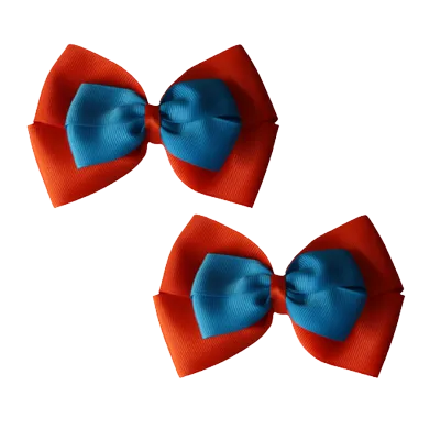 School Hair Accessories - Double Cherish Hair Bow 11cm - Autumn Orange Base & Centre Ribbon (24 colours top)