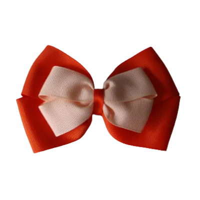 School Hair Accessories - Double Cherish Hair Bow 11cm - Autumn Orange Base & Centre Ribbon (24 colours top)