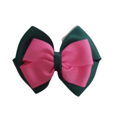 School Hair Accessories - Double Cherish Hair Bow 11cm - Hunter Green Base & Centre Ribbon (24 colours top)