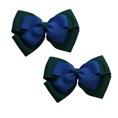 School Hair Accessories - Double Cherish Hair Bow 11cm - Hunter Green Base & Centre Ribbon (24 colours top)