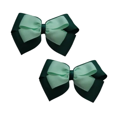 School Hair Accessories - Double Cherish Hair Bow 11cm - Hunter Green Base & Centre Ribbon (24 colours top)