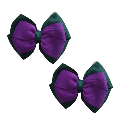 School Hair Accessories - Double Cherish Hair Bow 11cm - Hunter Green Base & Centre Ribbon (24 colours top)