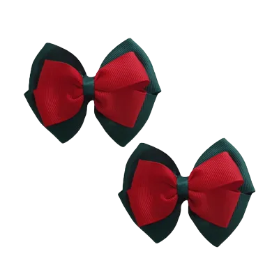 School Hair Accessories - Double Cherish Hair Bow 11cm - Hunter Green Base & Centre Ribbon (24 colours top)