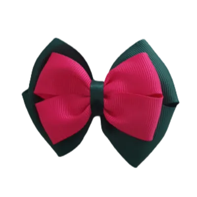 School Hair Accessories - Double Cherish Hair Bow 11cm - Hunter Green Base & Centre Ribbon (24 colours top)
