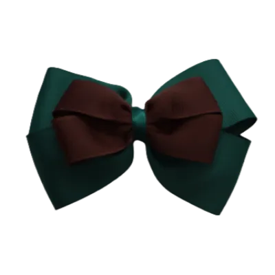 School Hair Accessories - Double Cherish Hair Bow 11cm - Hunter Green Base & Centre Ribbon (24 colours top)