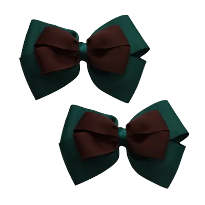 School Hair Accessories - Double Cherish Hair Bow 11cm - Hunter Green Base & Centre Ribbon (24 colours top)