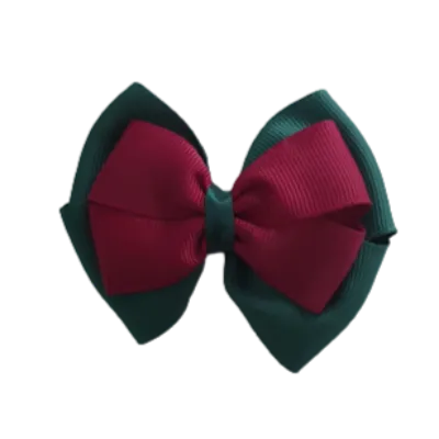 School Hair Accessories - Double Cherish Hair Bow 11cm - Hunter Green Base & Centre Ribbon (24 colours top)