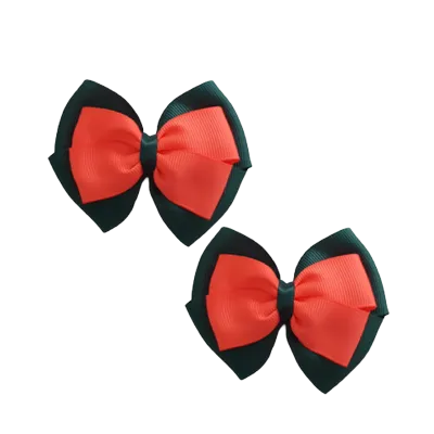School Hair Accessories - Double Cherish Hair Bow 11cm - Hunter Green Base & Centre Ribbon (24 colours top)