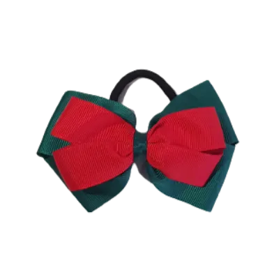 School Hair Accessories - Double Cherish Hair Bow 11cm - Hunter Green Base & Centre Ribbon (24 colours top)