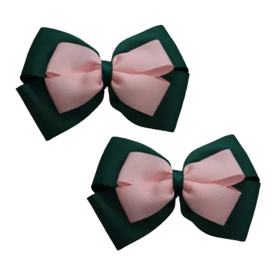 School Hair Accessories - Double Cherish Hair Bow 11cm - Hunter Green Base & Centre Ribbon (24 colours top)