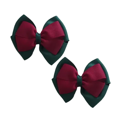 School Hair Accessories - Double Cherish Hair Bow 11cm - Hunter Green Base & Centre Ribbon (24 colours top)