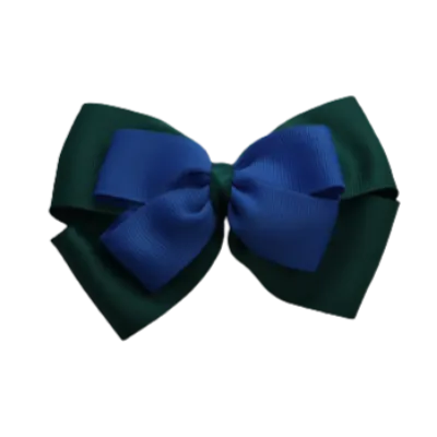 School Hair Accessories - Double Cherish Hair Bow 11cm - Hunter Green Base & Centre Ribbon (24 colours top)