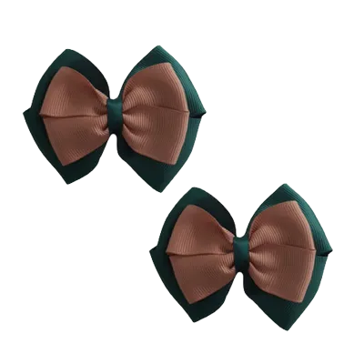 School Hair Accessories - Double Cherish Hair Bow 11cm - Hunter Green Base & Centre Ribbon (24 colours top)