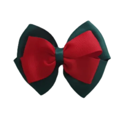 School Hair Accessories - Double Cherish Hair Bow 11cm - Hunter Green Base & Centre Ribbon (24 colours top)