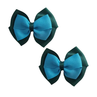 School Hair Accessories - Double Cherish Hair Bow 11cm - Hunter Green Base & Centre Ribbon (24 colours top)