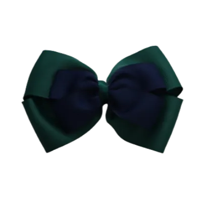 School Hair Accessories - Double Cherish Hair Bow 11cm - Hunter Green Base & Centre Ribbon (24 colours top)