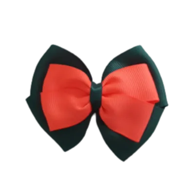 School Hair Accessories - Double Cherish Hair Bow 11cm - Hunter Green Base & Centre Ribbon (24 colours top)