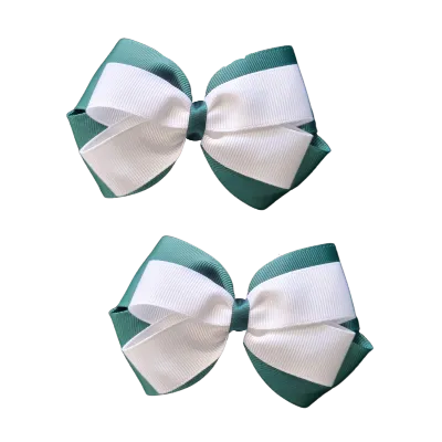 School Hair Accessories - Double Cherish Hair Bow 11cm - Hunter Green Base & Centre Ribbon (24 colours top)