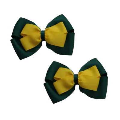 School Hair Accessories - Double Cherish Hair Bow 11cm - Hunter Green Base & Centre Ribbon (24 colours top)
