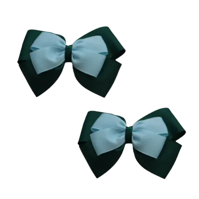 School Hair Accessories - Double Cherish Hair Bow 11cm - Hunter Green Base & Centre Ribbon (24 colours top)