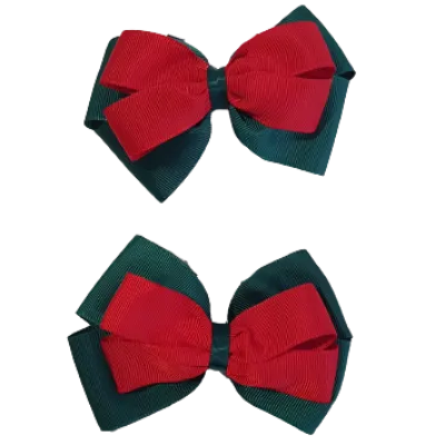 School Hair Accessories - Double Cherish Hair Bow 11cm - Hunter Green Base & Centre Ribbon (24 colours top)