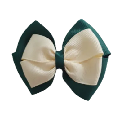School Hair Accessories - Double Cherish Hair Bow 11cm - Hunter Green Base & Centre Ribbon (24 colours top)