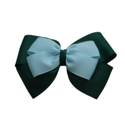 School Hair Accessories - Double Cherish Hair Bow 11cm - Hunter Green Base & Centre Ribbon (24 colours top)