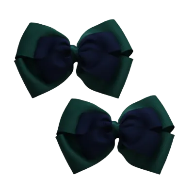 School Hair Accessories - Double Cherish Hair Bow 11cm - Hunter Green Base & Centre Ribbon (24 colours top)