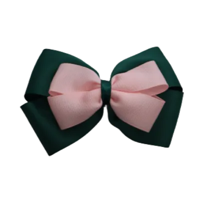 School Hair Accessories - Double Cherish Hair Bow 11cm - Hunter Green Base & Centre Ribbon (24 colours top)