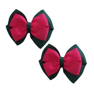 School Hair Accessories - Double Cherish Hair Bow 11cm - Hunter Green Base & Centre Ribbon (24 colours top)