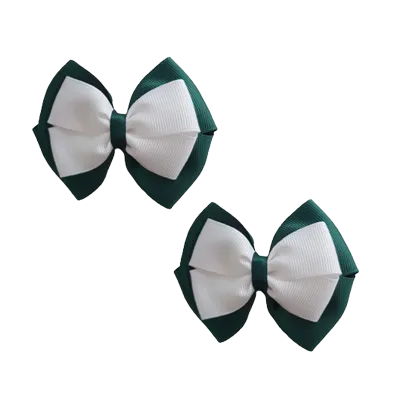 School Hair Accessories - Double Cherish Hair Bow 11cm - Hunter Green Base & Centre Ribbon (24 colours top)