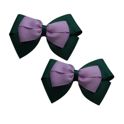 School Hair Accessories - Double Cherish Hair Bow 11cm - Hunter Green Base & Centre Ribbon (24 colours top)