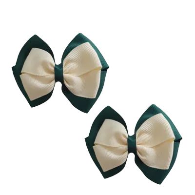 School Hair Accessories - Double Cherish Hair Bow 11cm - Hunter Green Base & Centre Ribbon (24 colours top)