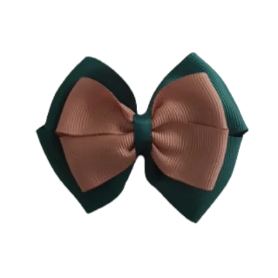 School Hair Accessories - Double Cherish Hair Bow 11cm - Hunter Green Base & Centre Ribbon (24 colours top)