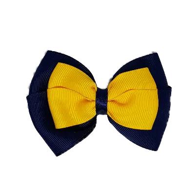 School Hair Accessories - Double Cherish Hair Bow 9cm - Navy Blue Base & Centre Ribbon (24 colours top)