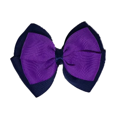 School Hair Accessories - Double Cherish Hair Bow 9cm - Navy Blue Base & Centre Ribbon (24 colours top)