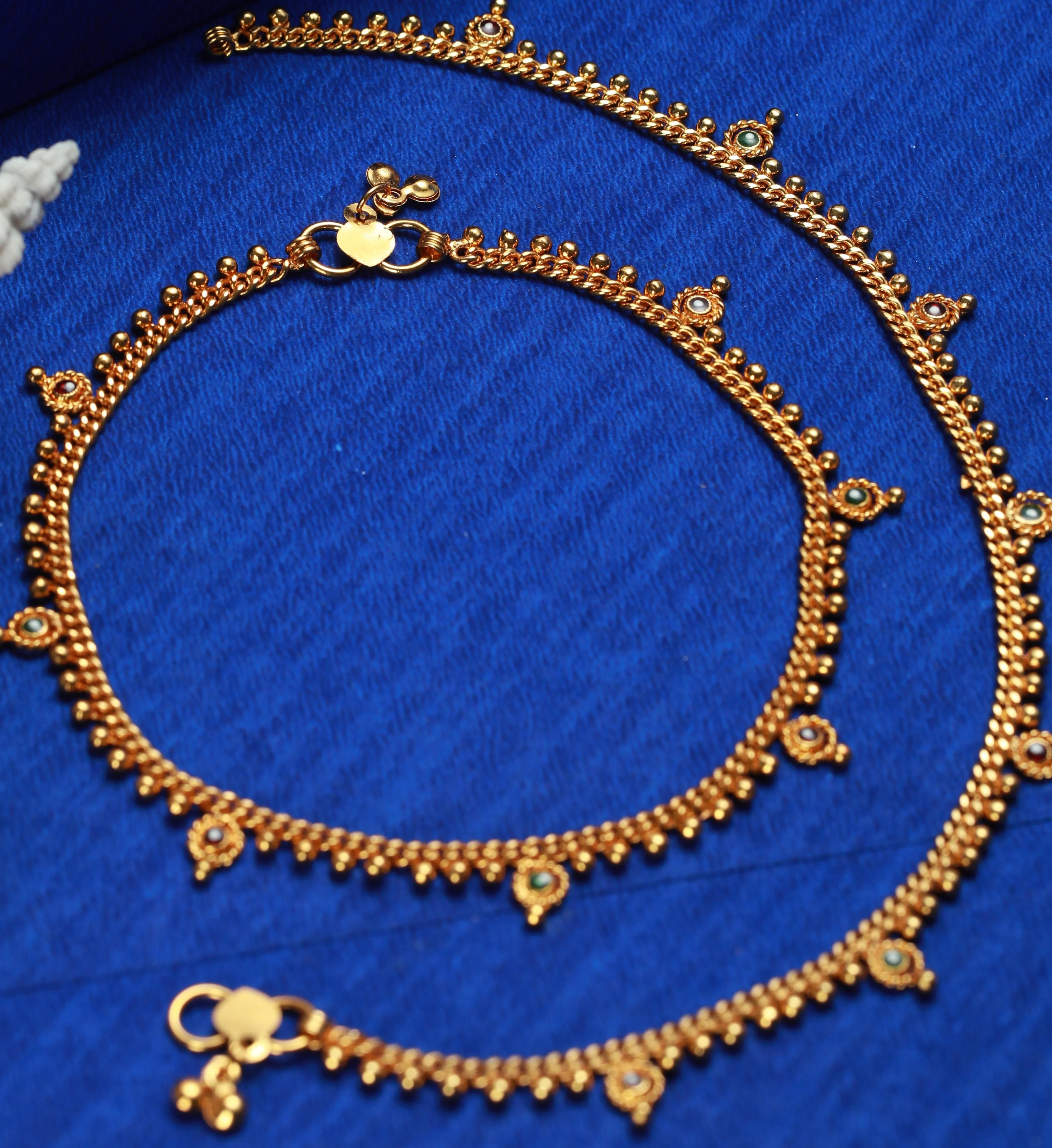 Set Of 2 Gold-Plated Green Stone Studded Handcrafted Anklets